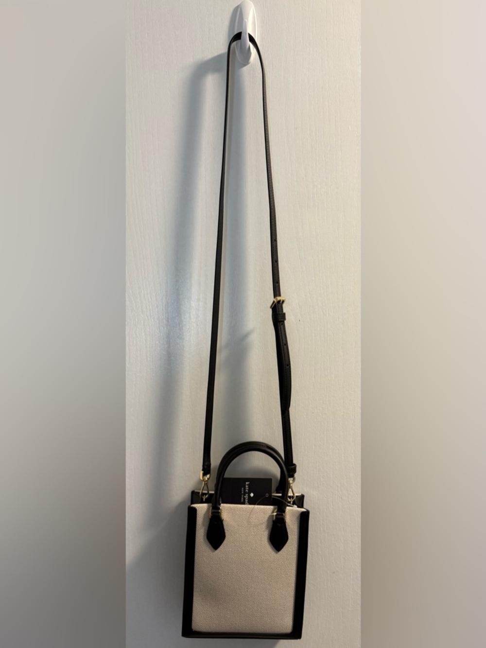 NWT Kate Spade Mini Ellie Tote Black Leather with Tan Straw Canvas - Picture 2 of 11